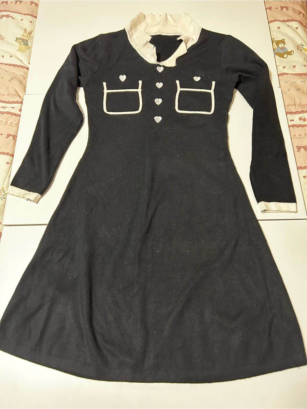 Black Knit Dress with Cream Trim and Heart Details